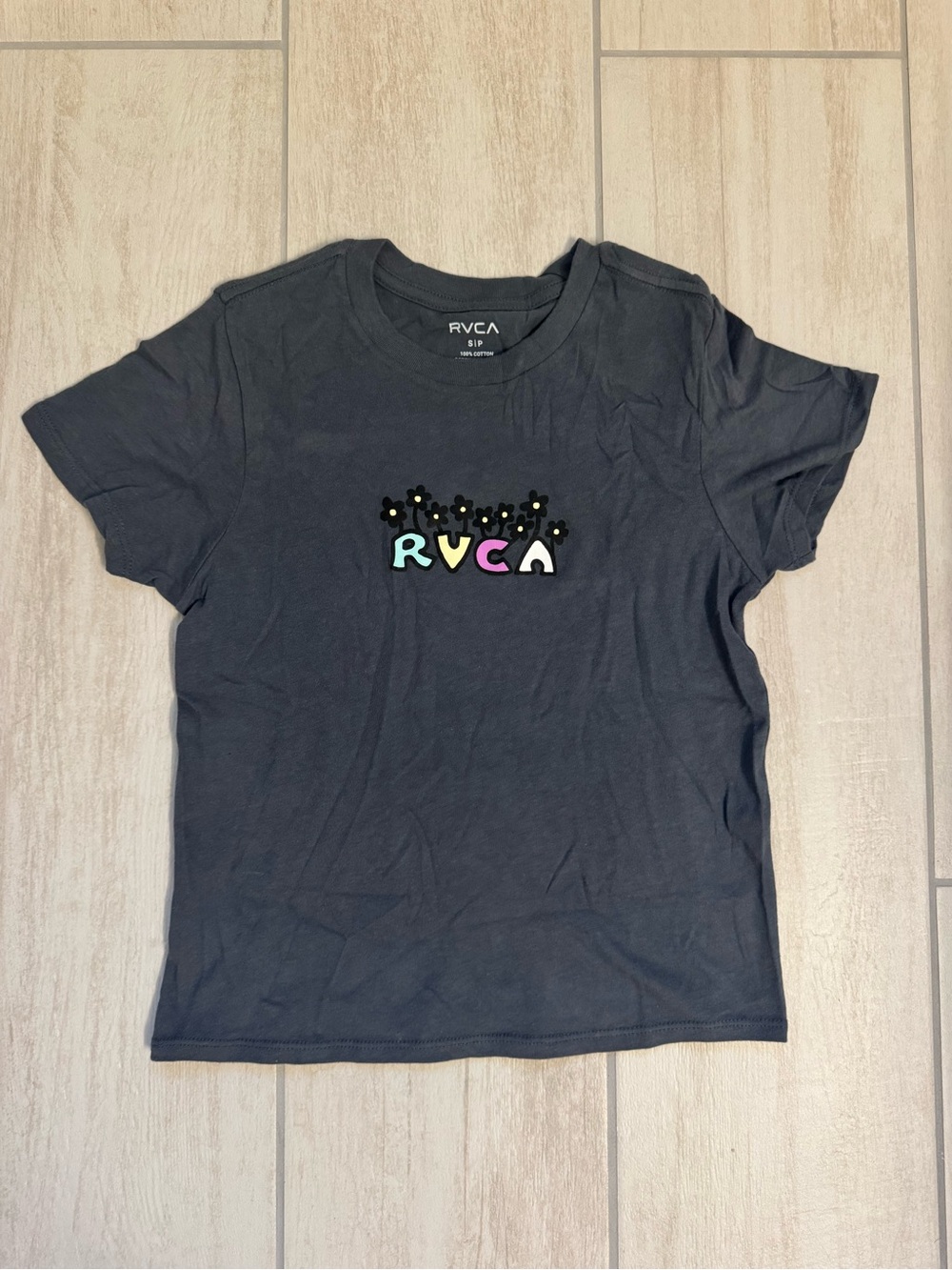 RVCA Charcoal Gray Crewneck Tee with White Logo